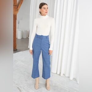 & Other Stories Belted Plaid Blue Wool-Blend Pants Size US 4
